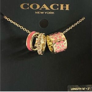 NWT Authentic Coach 3-Ring Circle Motif‎ Necklace; Gold/Pink MSRP $128